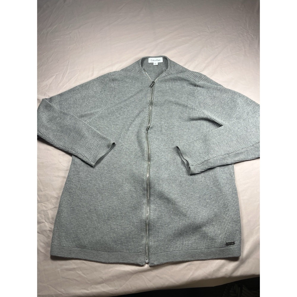 Calvin Klein Full Zip Sweater Mens XL Heather Grey Ribbed Cardigan Mock Neck